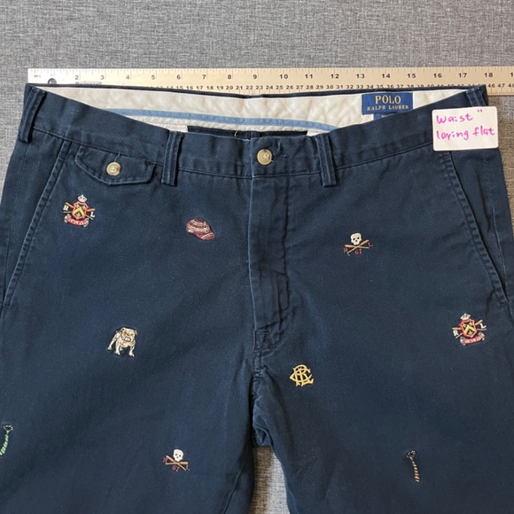 Polo Ralph Lauren Embroidered Allover Bulldog Skull Slim Chino Pants - Men's 36 - Picture 7 of 12
